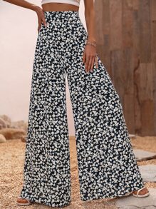 Breezaya Ditsy Floral Wide Leg Trousers - Black and White - View 5