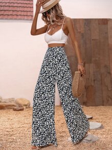 Breezaya Ditsy Floral Wide Leg Trousers - Black and White - View 6