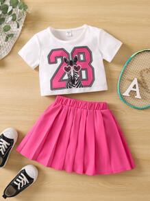 SHEIN 女小童字母和動物印花運動和休閒圓領常規袖2件套套裝適合夏天 - 彩色 - 查看 1