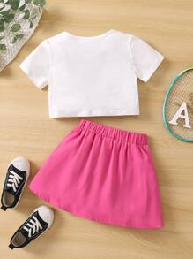 SHEIN 女小童字母和動物印花運動和休閒圓領常規袖2件套套裝適合夏天 - 彩色 - 查看 2