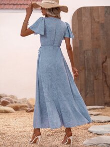 SHEIN VCAY Polka Dot Butterfly Sleeve Ruffle Trim Wrap Knot Side Dress - Blue - View 2