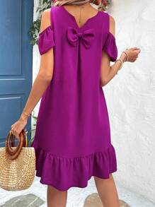 SHEIN VCAY Vestido con lazo trasero de hombros descubiertos bajo con fruncido - Rosa Fucsia - Ver 5