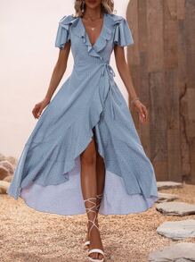 SHEIN VCAY Polka Dot Butterfly Sleeve Ruffle Trim Wrap Knot Side Dress - Blue - View 5