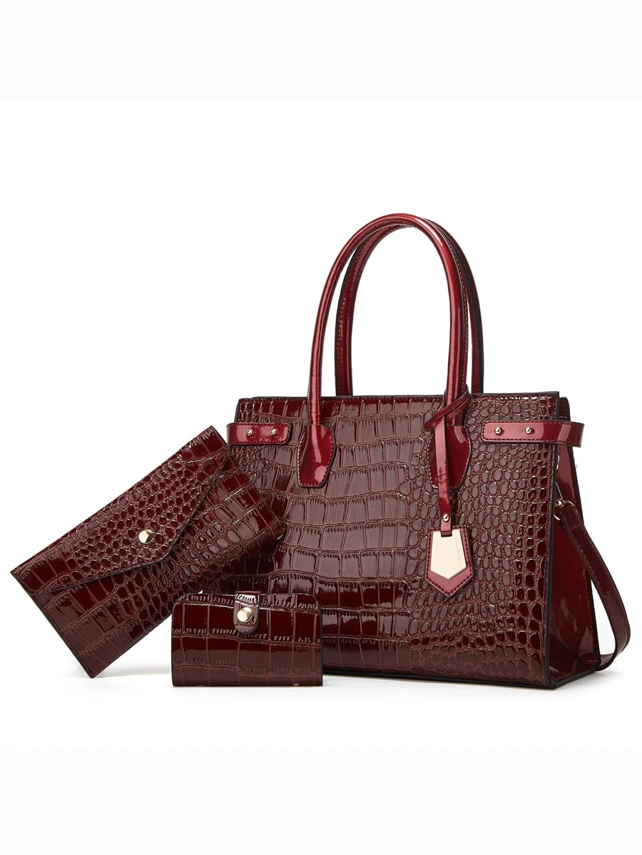 3pcs Crocodile Pattern Tote Bag, Elegant Large-capacity Satchel Bag, Artificial Leather Bag Sets - Red Violet - View 1