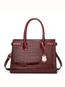 3pcs Crocodile Pattern Tote Bag, Elegant Large-capacity Satchel Bag, Artificial Leather Bag Sets - Red Violet - View 2