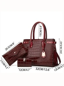 3pcs Crocodile Pattern Tote Bag, Elegant Large-capacity Satchel Bag, Artificial Leather Bag Sets - Red Violet - View 3