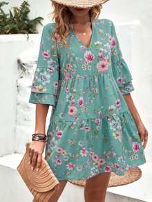SHEIN VCAY Floral Print Flounce Sleeve Smock Dress - Cadet Blue - View 5