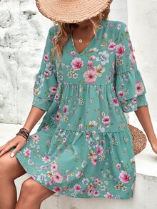 SHEIN VCAY Floral Print Flounce Sleeve Smock Dress - Cadet Blue - View 6