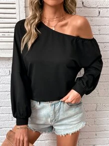 SHEIN LUNE Solid Asymmetrical Neck Sweatshirt - Black - View 1