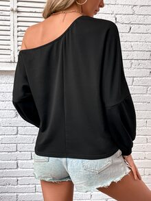 SHEIN LUNE Solid Asymmetrical Neck Sweatshirt - Black - View 2