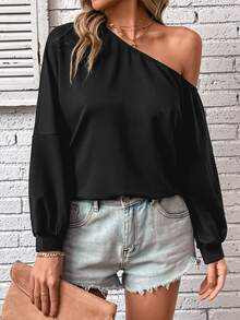 SHEIN LUNE Solid Asymmetrical Neck Sweatshirt - Black - View 3