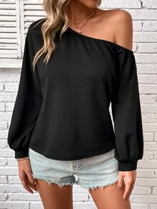 SHEIN LUNE Solid Asymmetrical Neck Sweatshirt - Black - View 5