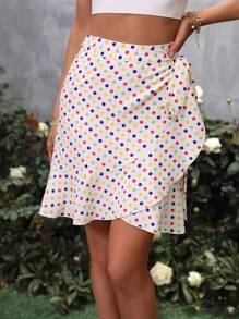 SHEIN VCAY Polka Dot Knot Side Ruffle Hem Skirt - Beige - View 1