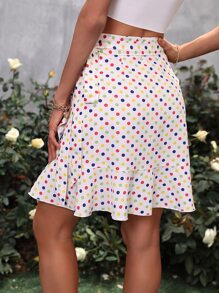 SHEIN VCAY Polka Dot Knot Side Ruffle Hem Skirt - Beige - View 2