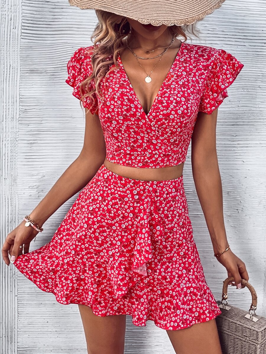 Breezaya 碎花蝙蝠袖短款上衣和荷葉邊半身裙 - 紅色 - 查看 1