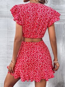 Breezaya 碎花蝙蝠袖短款上衣和荷葉邊半身裙 - 紅色 - 查看 2
