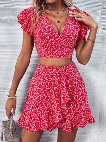 Breezaya 碎花蝙蝠袖短款上衣和荷葉邊半身裙 - 紅色 - 查看 3