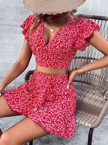 Breezaya 碎花蝙蝠袖短款上衣和荷葉邊半身裙 - 紅色 - 查看 5