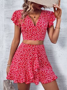 Breezaya 碎花蝙蝠袖短款上衣和荷葉邊半身裙 - 紅色 - 查看 6