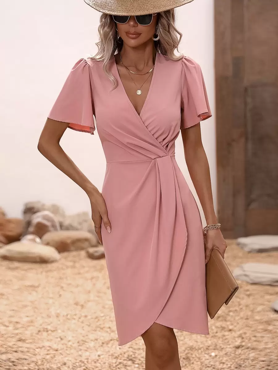SHEIN Clasi Surplice Neck Butterfly Sleeve Wrap Hem Dress - Dusty Pink - View 1