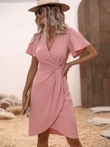 SHEIN Clasi Surplice Neck Butterfly Sleeve Wrap Hem Dress - Dusty Pink - View 4