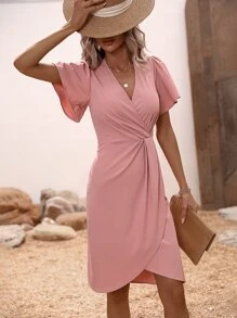 SHEIN Clasi Surplice Neck Butterfly Sleeve Wrap Hem Dress - Dusty Pink - View 5