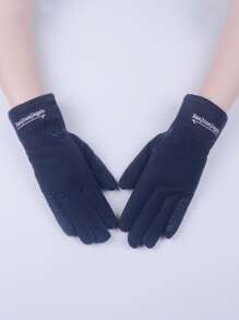 Letter Embroidered Plush Lined Gloves - Black - View 1