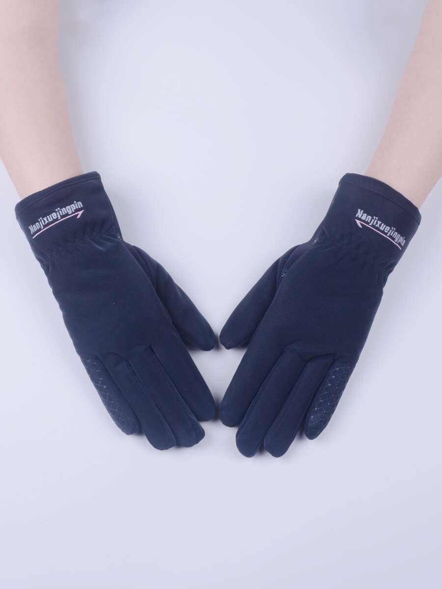 Letter Embroidered Plush Lined Gloves - Black - View 1