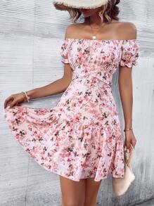 Breezaya Đầm Viên lá sen Nếp gấp Phần Ngực Hoa Tất cả trên in Boho - Màu Hồng baby - Xem 1