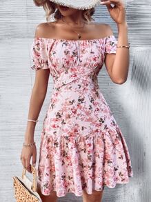 Breezaya Đầm Viên lá sen Nếp gấp Phần Ngực Hoa Tất cả trên in Boho - Màu Hồng baby - Xem 3