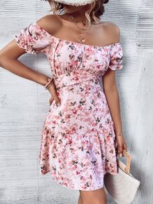 Breezaya Đầm Viên lá sen Nếp gấp Phần Ngực Hoa Tất cả trên in Boho - Màu Hồng baby - Xem 4