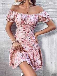 Breezaya Đầm Viên lá sen Nếp gấp Phần Ngực Hoa Tất cả trên in Boho - Màu Hồng baby - Xem 5