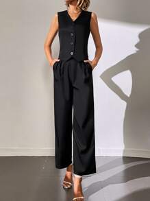 SHEIN Privé Bộ âu phục nữ Túi Nút phía trước màu trơn Thanh lịch - màu đen - Xem 3