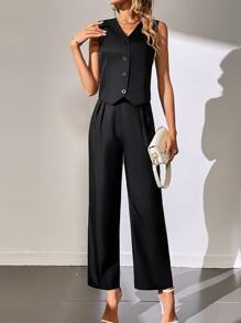 SHEIN Privé Bộ âu phục nữ Túi Nút phía trước màu trơn Thanh lịch - màu đen - Xem 5