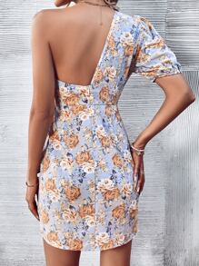 SHEIN VCAY Floral Print One Shoulder Zip Back Belted Dress - Dusty Blue - View 2
