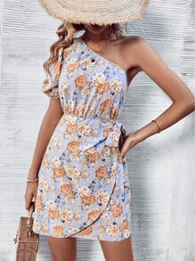 SHEIN VCAY Floral Print One Shoulder Zip Back Belted Dress - Dusty Blue - View 4