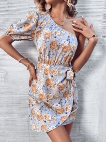 SHEIN VCAY Floral Print One Shoulder Zip Back Belted Dress - Dusty Blue - View 5