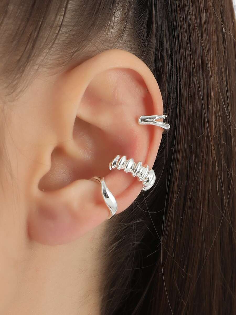 3入組紋理質感金屬耳夾 - 銀色 - 查看 1