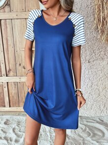 SHEIN LUNE Striped Print Raglan Sleeve Tee Dress - Blue - View 1