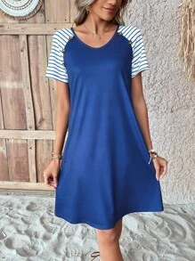 SHEIN LUNE Striped Print Raglan Sleeve Tee Dress - Blue - View 4
