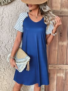 SHEIN LUNE Striped Print Raglan Sleeve Tee Dress - Blue - View 6