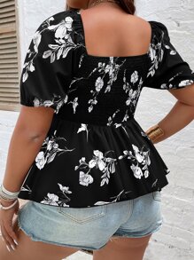 SHEIN VCAY 大碼印花前扭結荷葉邊下擺襯衫 - 黑色 - 查看 2