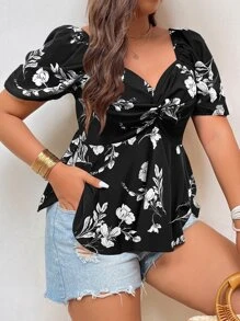 SHEIN VCAY 大碼印花前扭結荷葉邊下擺襯衫 - 黑色 - 查看 3