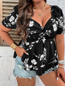 SHEIN VCAY 大碼印花前扭結荷葉邊下擺襯衫 - 黑色 - 查看 4