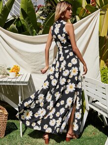 SHEIN VCAY Đầm Cắt ra Tách cao Hoa Tất cả trên in Boho - màu đen - Xem 2
