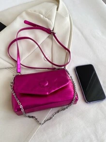 CONTAINEVERY Metallic Chain Flap Square Bag - Hot Pink - View 5