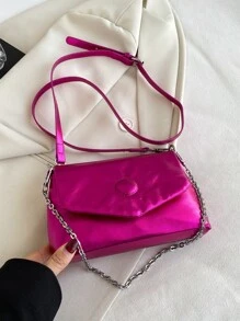 CONTAINEVERY Metallic Chain Flap Square Bag - Hot Pink - View 6