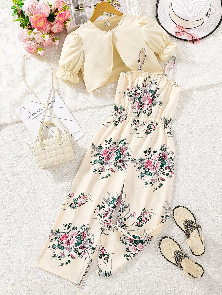 青少女泡泡袖上衣和花朵印花背心連身褲