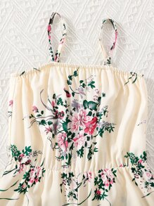 青少女泡泡袖上衣和花朵印花背心連身褲