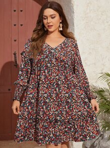 SHEIN VCAY Vestido con estampado floral de manga farol - Multicolor - Ver 1